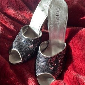GUESS Black Sequin Open-Toe Slide Mules. Very flattering and sexy.
